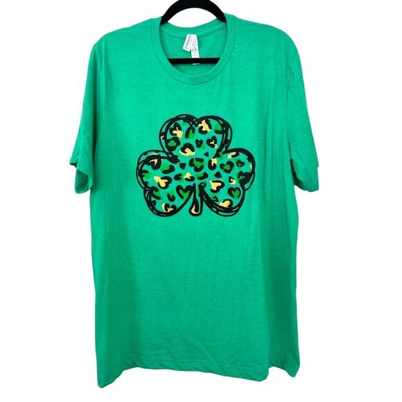 Green Shamrock XL T-Shirt Black Gold Leopard Print St. Patricks Day Tee Crewneck - Picture 1 of 4